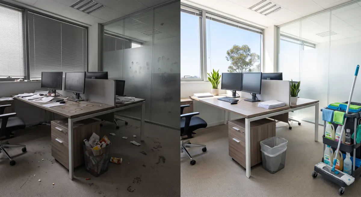 Transformação de um escritório antes e depois da limpeza profissional